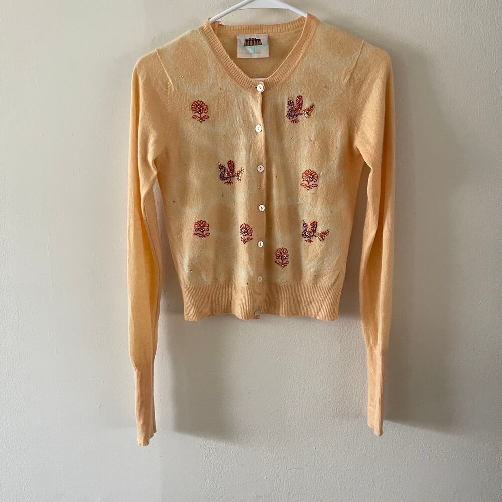 Cake Couture Cashmere Cardigan Womens Small Yellow Rhinestone Bird Knit Flaw